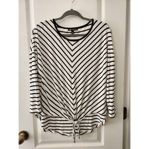 Cable & Gauge Women Striped White/black Long Sleeve‎ Top Scoop Neck Size  L